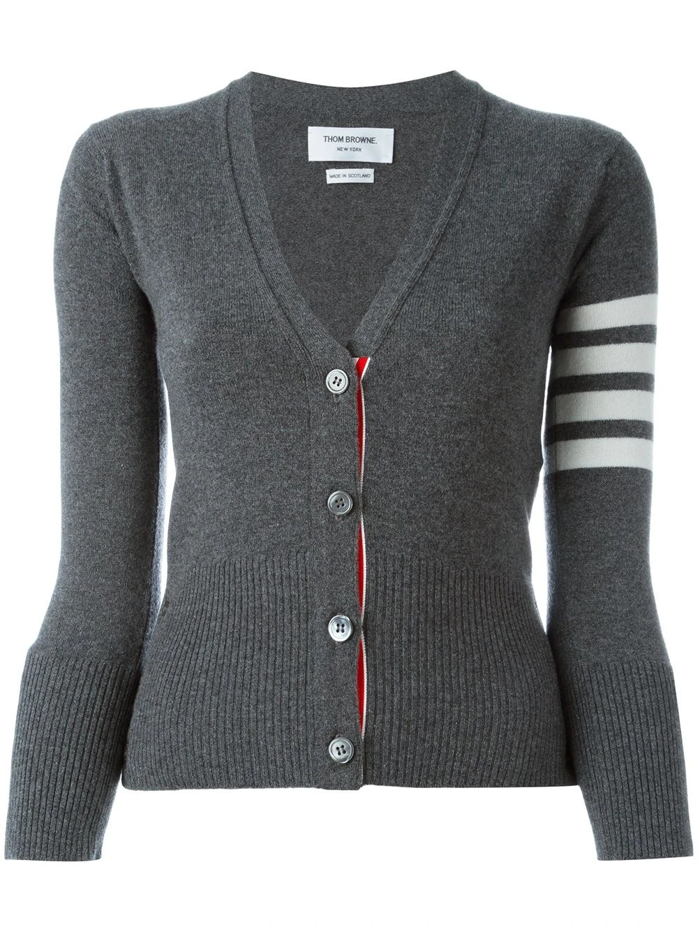 New 🥰 Thom Browne Classic V Neck Cardigan In Cashmere With White 4 Bar Sleeve Stripe cardigans of women 🥰 1 Thom Browne Classic V-Neck Cardigan In Cashmere With White 4-Bar Sleeve Stripe