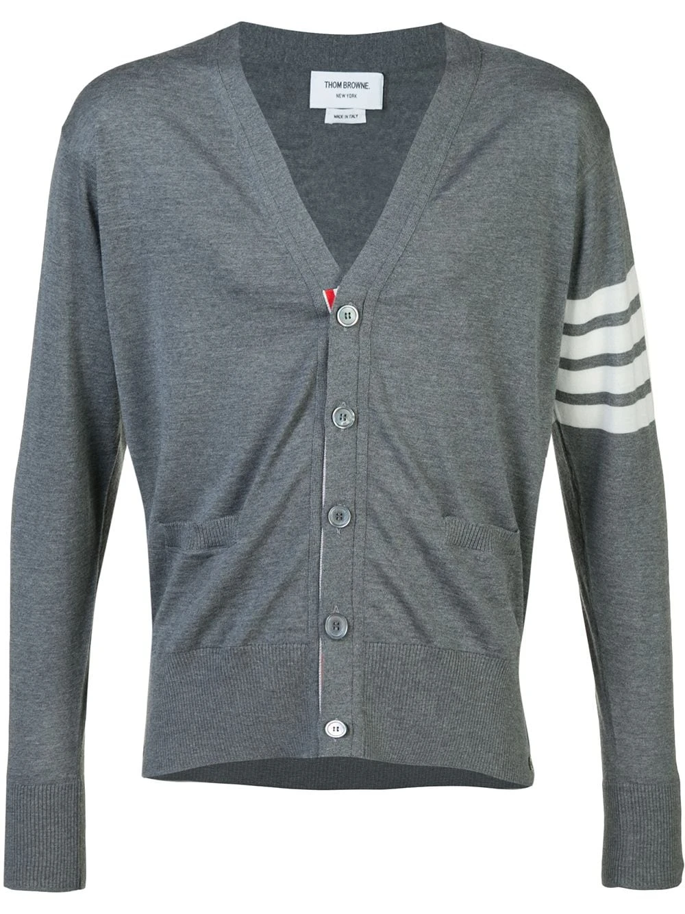 Brand new π Thom Browne V Neck Cardigan With 4 Bar Stripe In Medium Grey Merino cardigans of men β 1 Thom Browne V-Neck Cardigan With 4-Bar Stripe In Medium Grey Merino