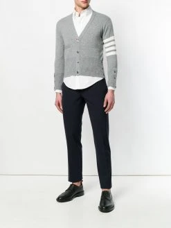 Thom Browne Short V-Neck Cardigan With 4-Bar Stripe In Light Grey Cashmere