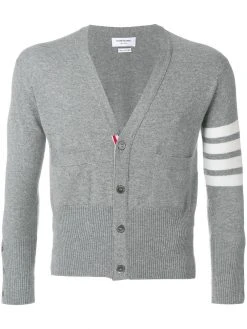 Thom Browne Short V-Neck Cardigan With 4-Bar Stripe In Light Grey Cashmere