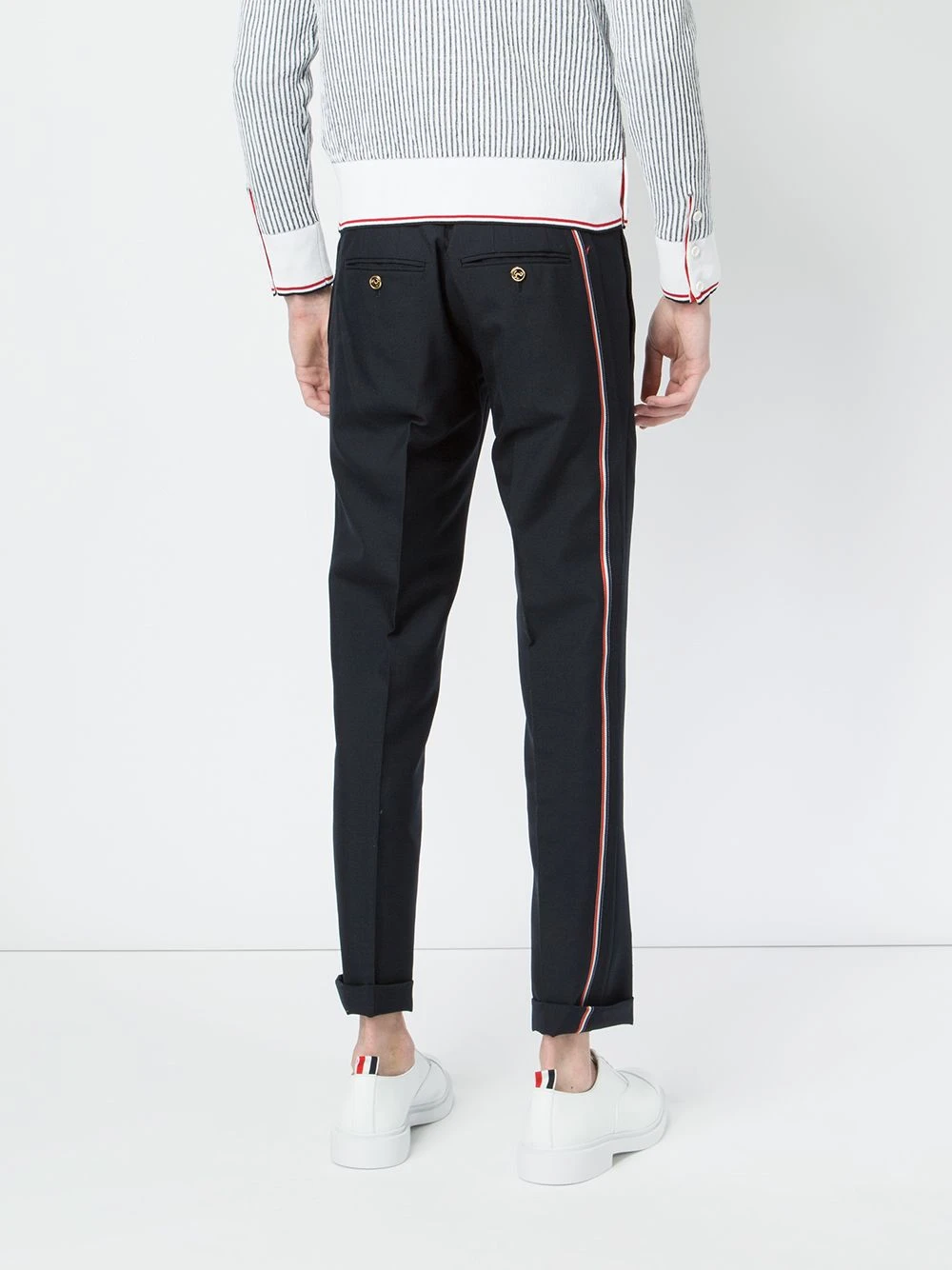 Cheapest β Thom Browne Low Rise Skinny Trouser With Red, White And Blue Selvedge Back Leg Placement In School Uniform Plain Weave tailored pants of men π 4 Thom Browne Low Rise Skinny Trouser With Red, White And Blue Selvedge Back Leg Placement In School Uniform Plain Weave