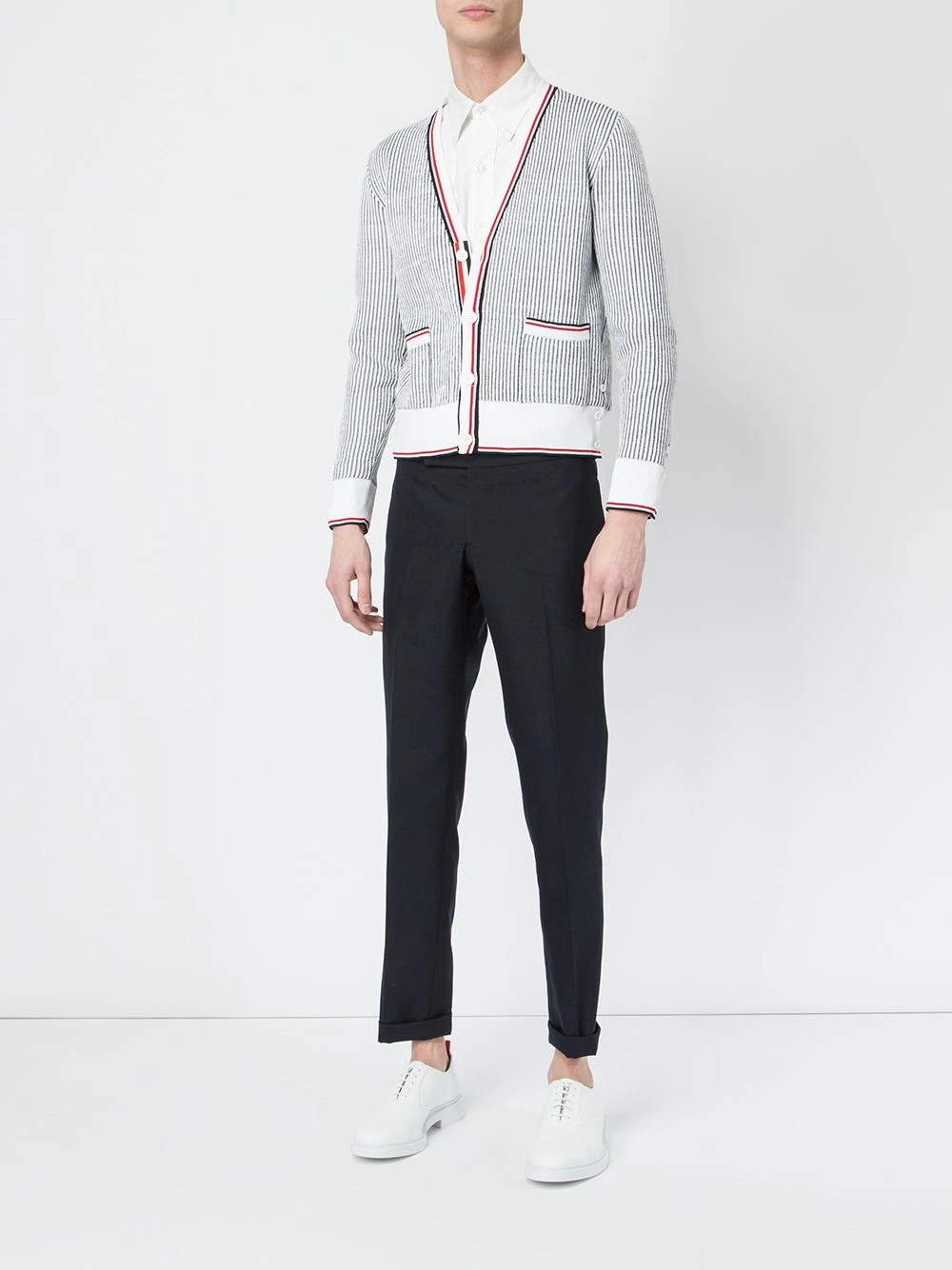 Cheapest β Thom Browne Low Rise Skinny Trouser With Red, White And Blue Selvedge Back Leg Placement In School Uniform Plain Weave tailored pants of men π 2 Thom Browne Low Rise Skinny Trouser With Red, White And Blue Selvedge Back Leg Placement In School Uniform Plain Weave