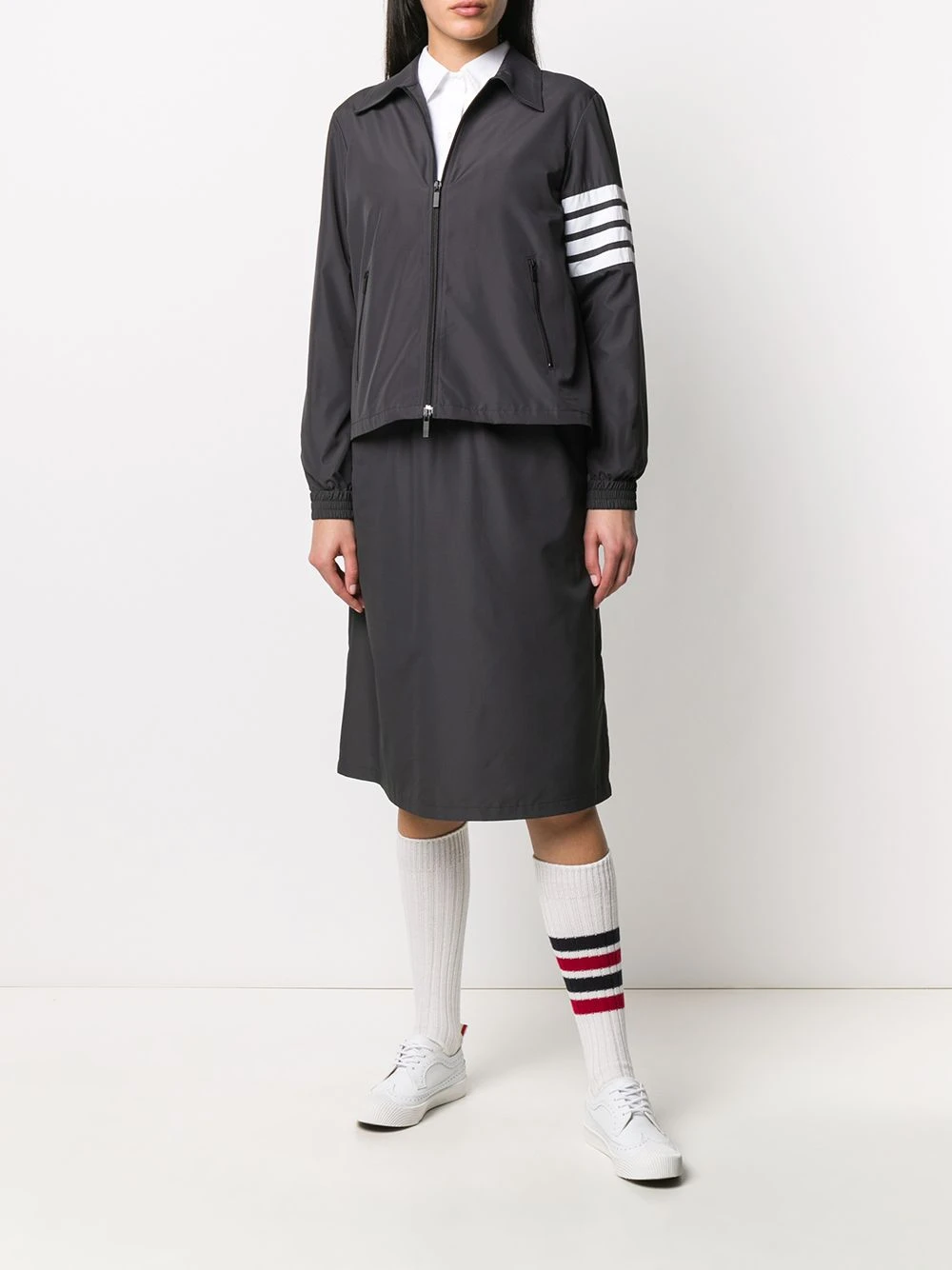 Brand new π Thom Browne Tricolor flyweight tech zip gusset 4 Bar jacket fitted jackets of women β 2 Thom Browne tricolor flyweight tech zip-gusset 4-Bar jacket