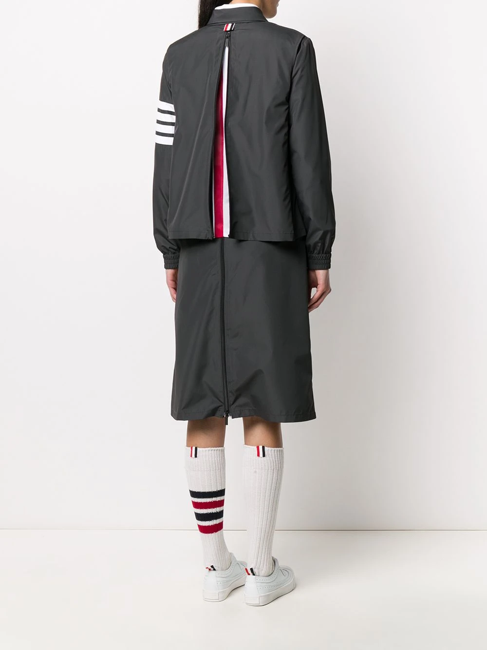 Brand new π Thom Browne Tricolor flyweight tech zip gusset 4 Bar jacket fitted jackets of women β 6 Thom Browne tricolor flyweight tech zip-gusset 4-Bar jacket