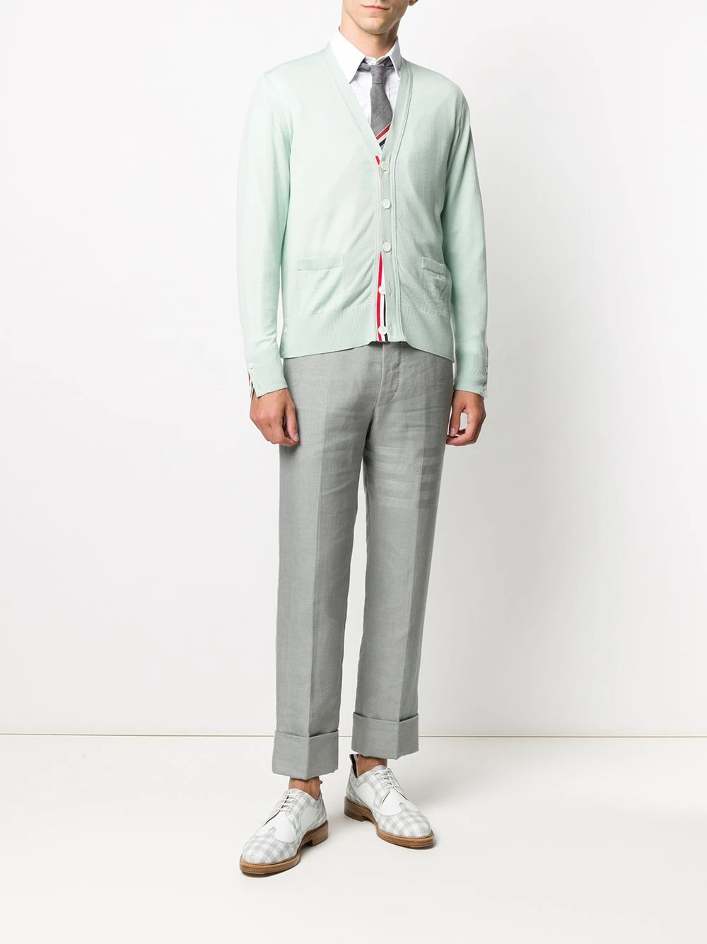 Coupon ✔️ Thom Browne V neck tricolour stripe merino cardigan cardigans of men 🤩 2 Thom Browne v-neck tricolour-stripe merino cardigan