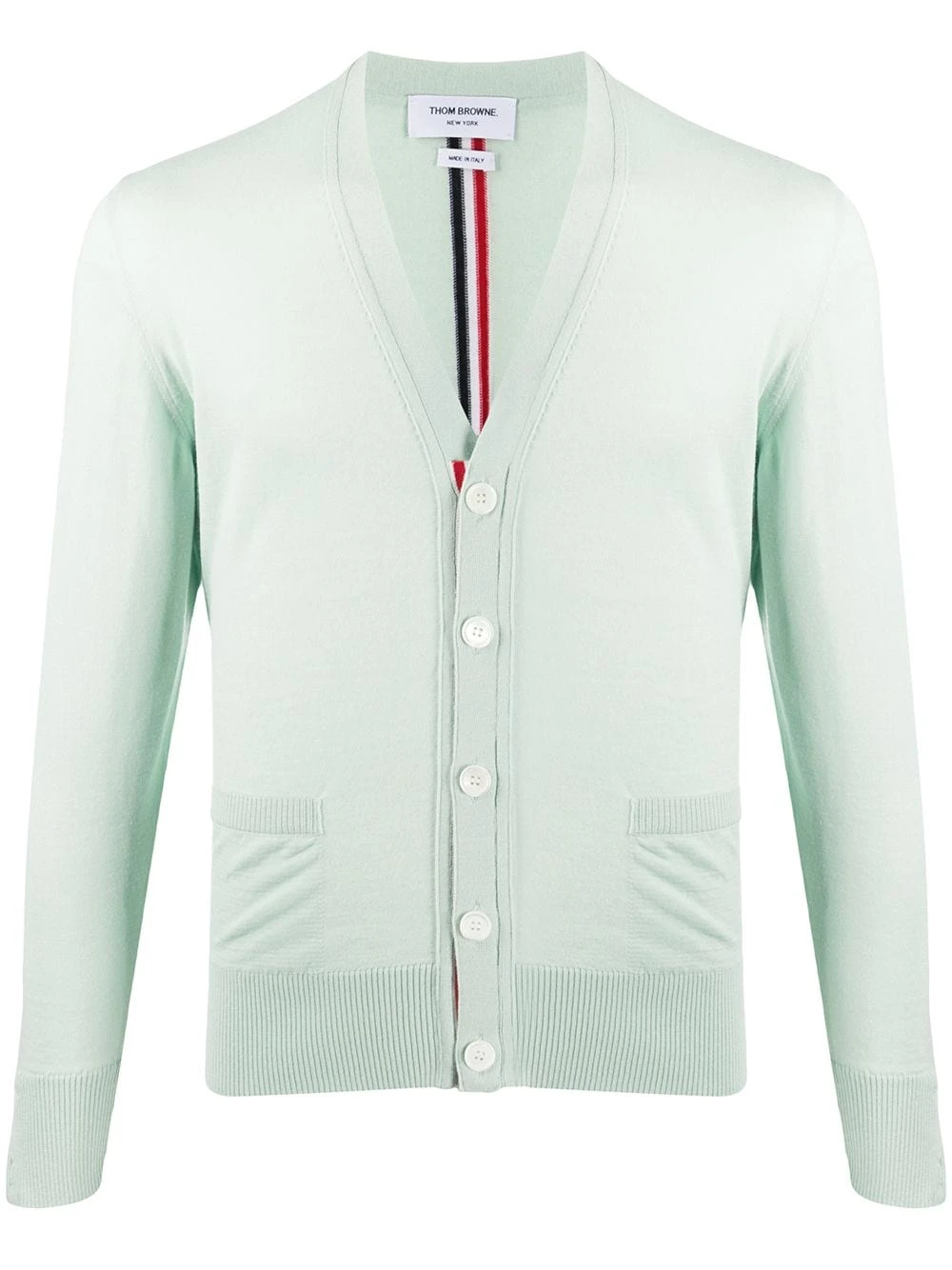 Coupon ✔️ Thom Browne V neck tricolour stripe merino cardigan cardigans of men 🤩 1 Thom Browne v-neck tricolour-stripe merino cardigan