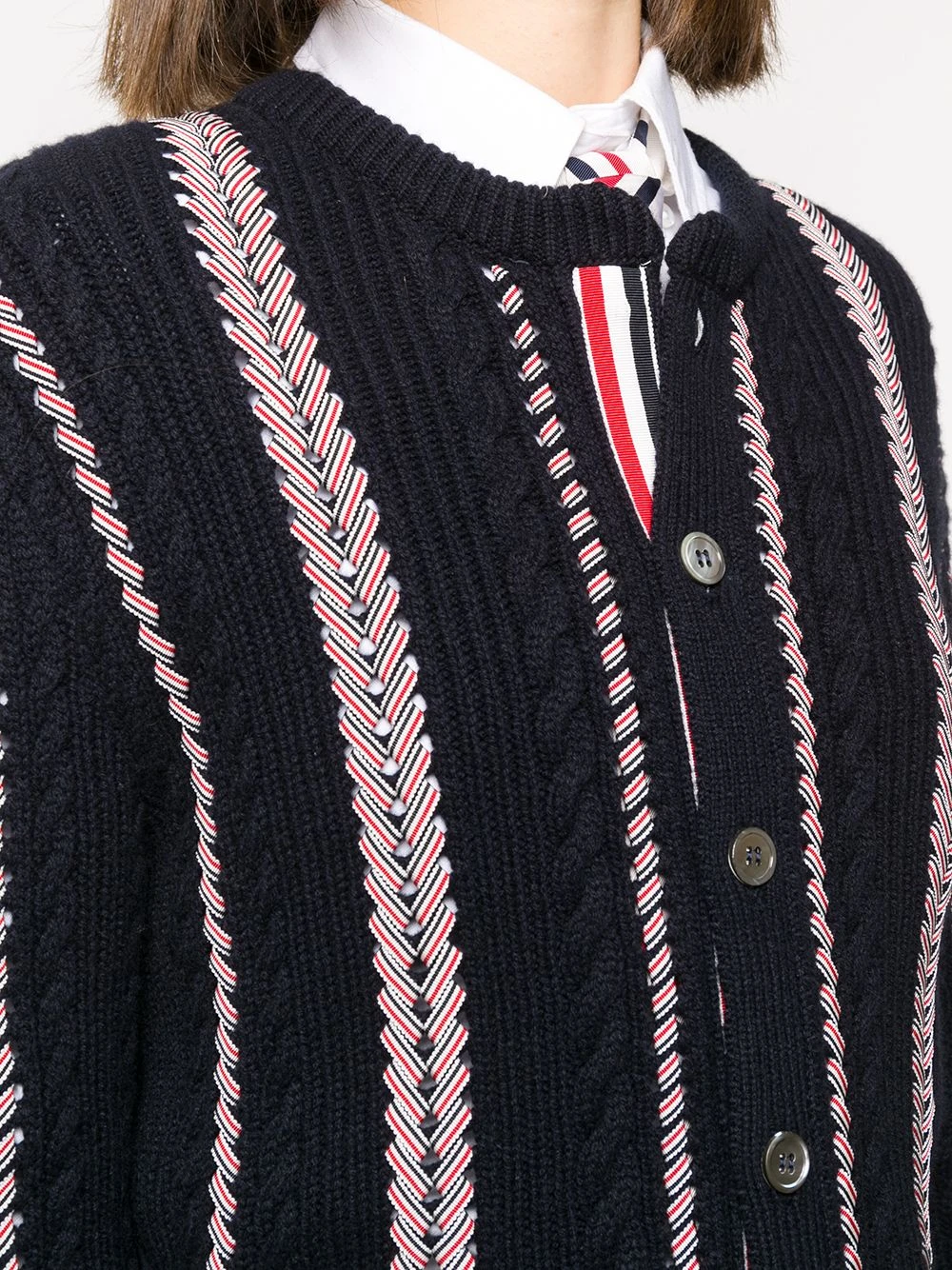 Outlet ๐ Thom Browne RWB cable knitted crew neck cardigan cardigans of women ๐คฉ 5 Thom Browne RWB-cable knitted crew neck cardigan