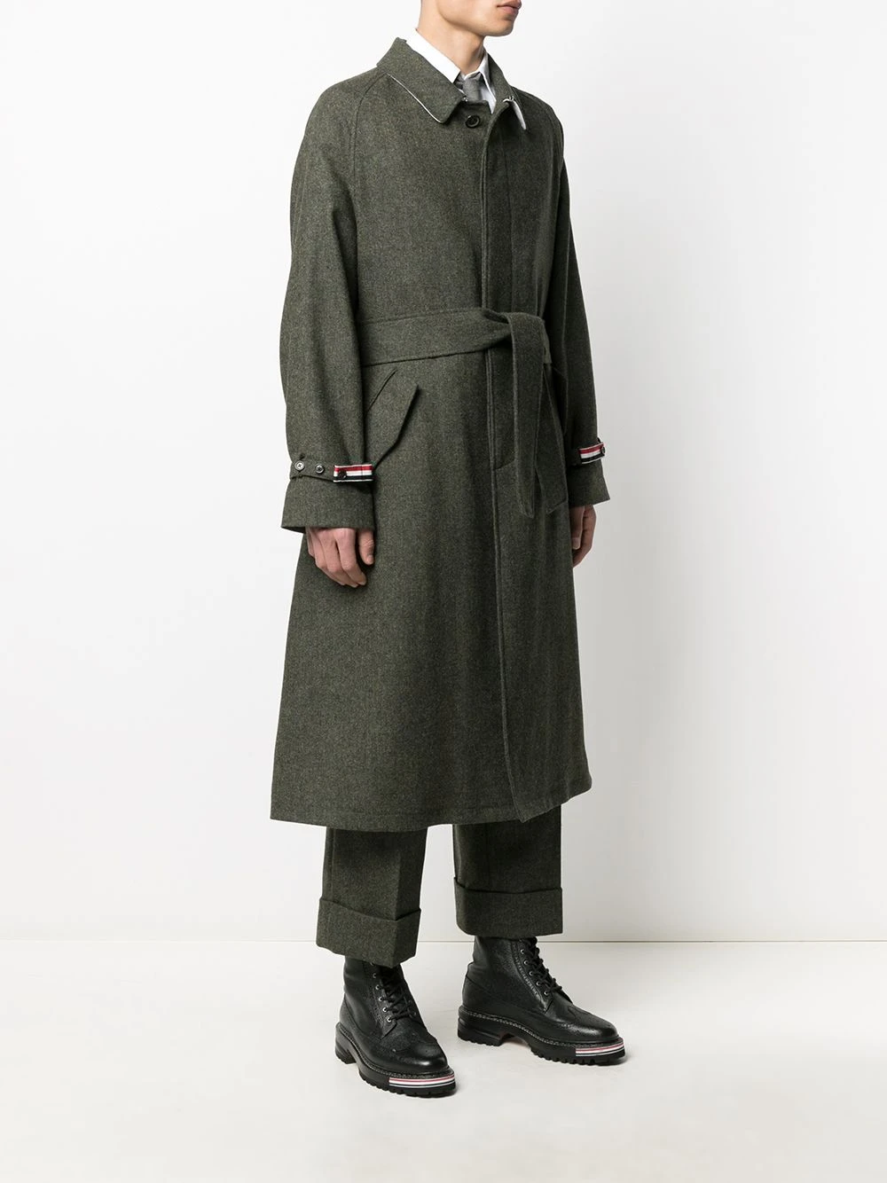 Cheapest π Thom Browne Tri stripe detail tie waist coat trench coats of men π 3 Thom Browne tri-stripe detail tie-waist coat