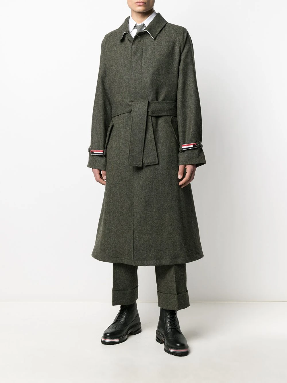 Cheapest π Thom Browne Tri stripe detail tie waist coat trench coats of men π 2 Thom Browne tri-stripe detail tie-waist coat