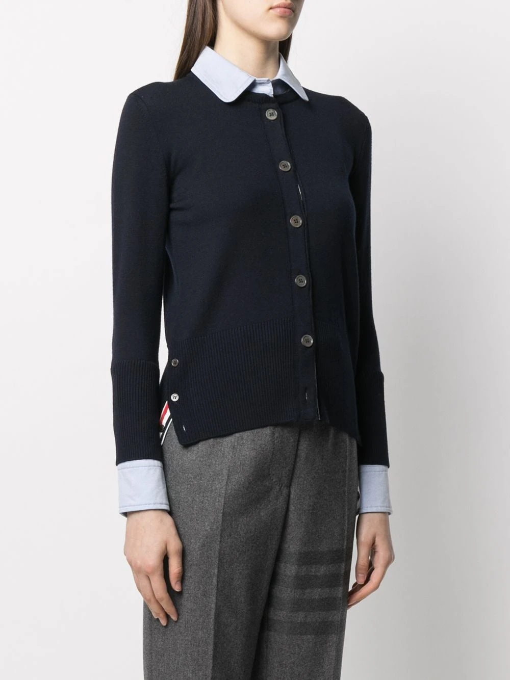 Cheapest π― Thom Browne Crew neck cardigan shirt combo cardigans of women π 3 Thom Browne crew neck cardigan-shirt combo