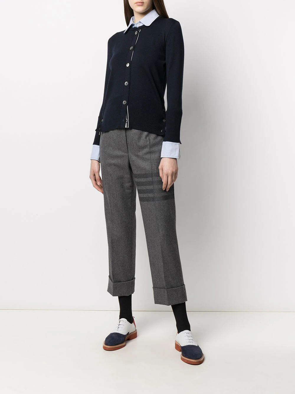 Cheapest π― Thom Browne Crew neck cardigan shirt combo cardigans of women π 2 Thom Browne crew neck cardigan-shirt combo