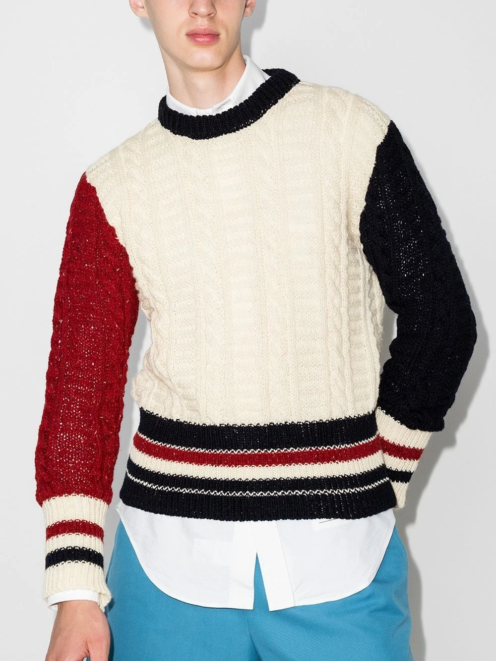 Flash Sale π Thom Browne Three tone cable knit jumper sweatshirts & knitwear of men 𧨠2 Thom Browne three-tone cable-knit jumper