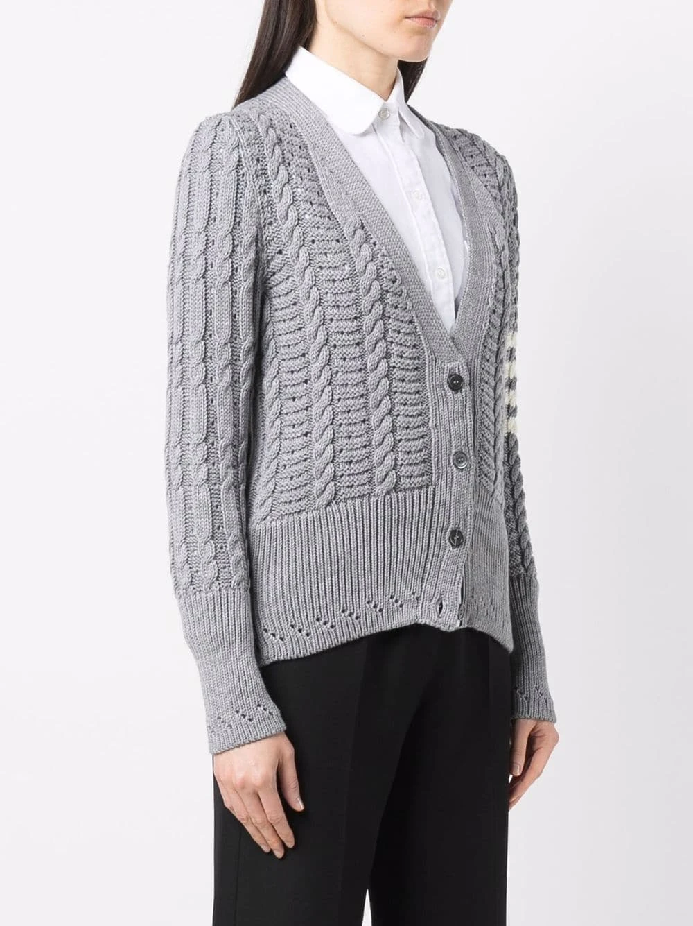 Cheap β Thom Browne Cable knit four stripe cardigan cardigans of women π 3 Thom Browne cable-knit four-stripe cardigan